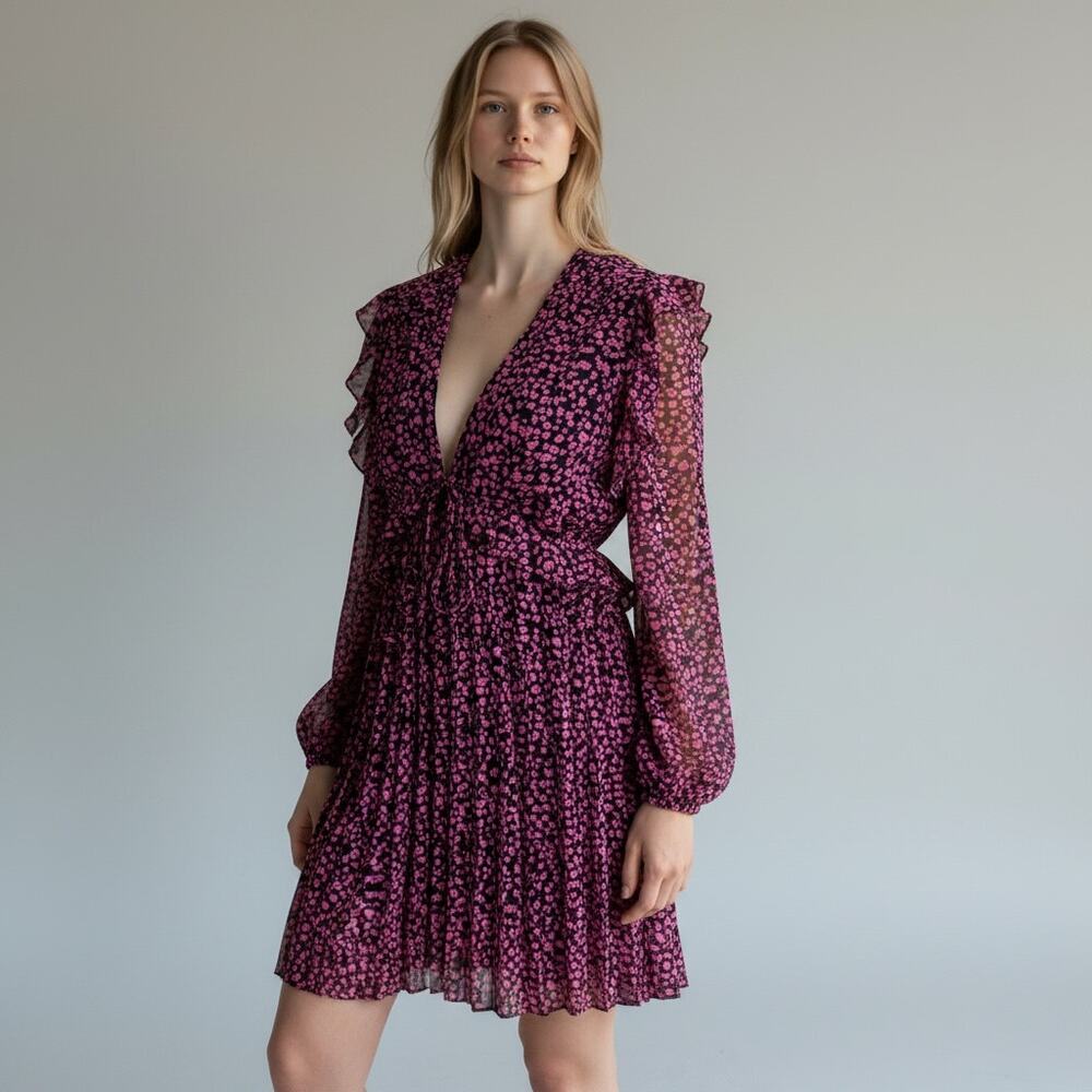 The Kooples Paris Floral Mini Dress S Pink Black Sheer Ruffle Long Sleeve Boho